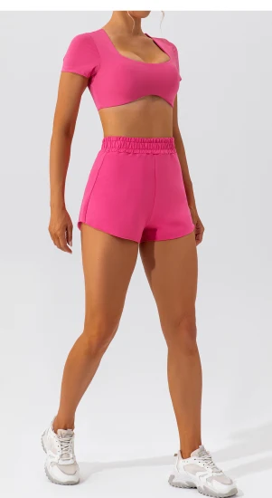 2 pièces vêtements pour femmes à manches courtes haut court et short ensemble d'été tenues de sport de yoga décontractées