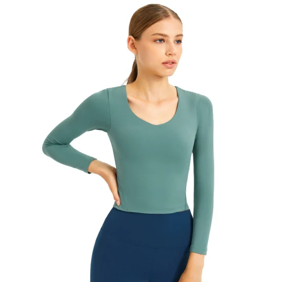 Ds131 Femmes Manches Longues Solide Yoga Crop Top Casual Slim Ajusté Basic Sportwear avec Soutien-Gorge Intégré
