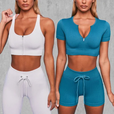 Sy-3010 vente en gros côtelé costume sport Yoga vêtements décontracté 4 pièces ensemble d'entraînement sans couture Gym Yoga Fitness porter pour les femmes